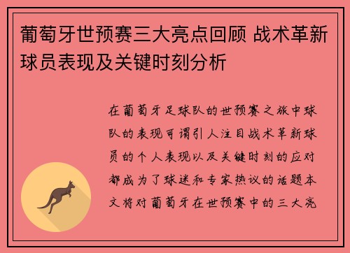 葡萄牙世预赛三大亮点回顾 战术革新球员表现及关键时刻分析